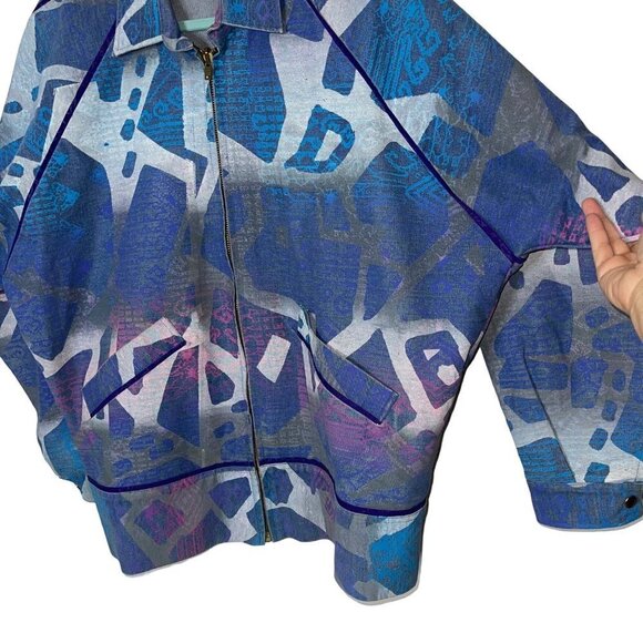 Vintage Womens Denim Bomber Jacket Size Medium Blue Purple Pink Abstract Print - Picture 11 of 14
